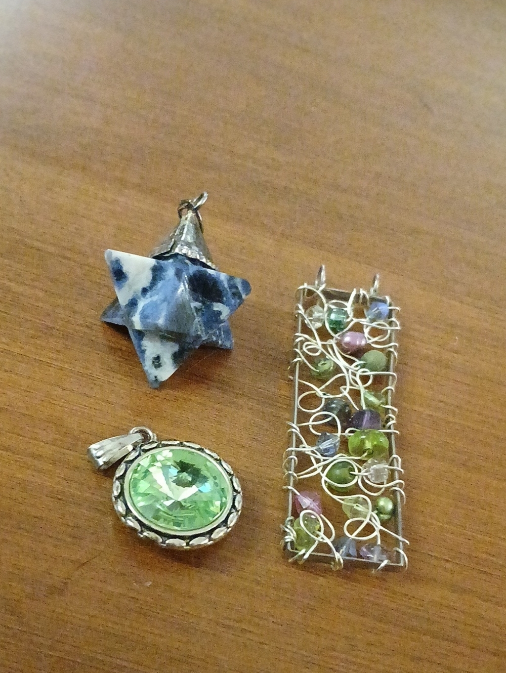 Lot Of 3 - Wire-Wrapped Pendant , Green Crystal and Sodalite Star
